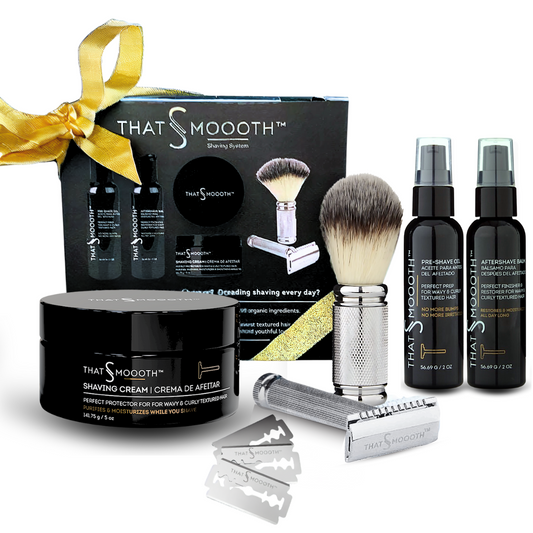 ThatsSmoooth Elite Shaving System laid out — the complete kit built for Black men, Latino men, and men of color with textured, curly, or coily hair